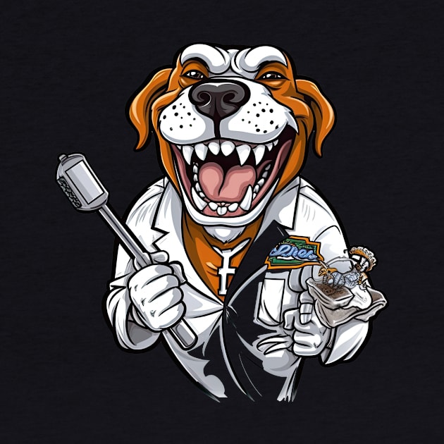 A cartoon-style illustration of an English bulldog wearing a white lab coat and holding a dental tool by teestore_24